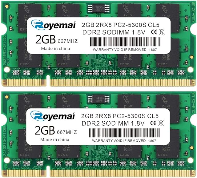 ROYEMAI DDR2 667, PC2-5300, DDR2 RAM, 4GB RAM Kit (2x2GB) DDR2 SODIMM 1.8V CL5 RAM Memory for Laptop