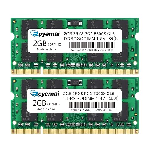 ROYEMAI DDR2 667, PC2-5300, DDR2 RAM, 4GB RAM Kit (2x2GB) DDR2 SODIMM 1.8V CL5 RAM Memory for Laptop