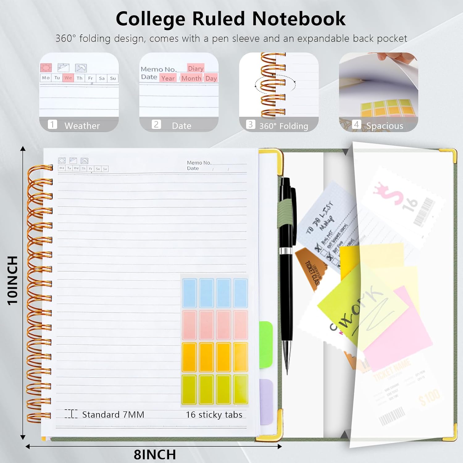 Hardcover Spiral Notebook College Ruled, 8"x10" Leather Journal Notebook with Magnetic Closure, 300 Pages 5 Subject Notebook with Dividers Tabs Journal for Women Men, Work, School