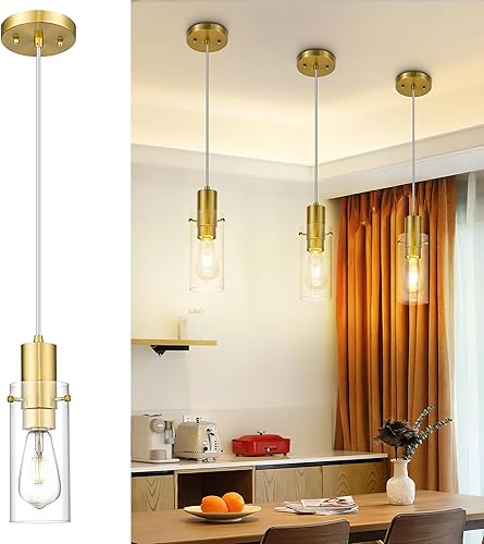 Miniatura 1 de Emak Lámpara colgante de oro cepillado, 1 luz mini colgante con pantalla de vidrio transparente, luces colgantes modernas para dormitorio, isla de