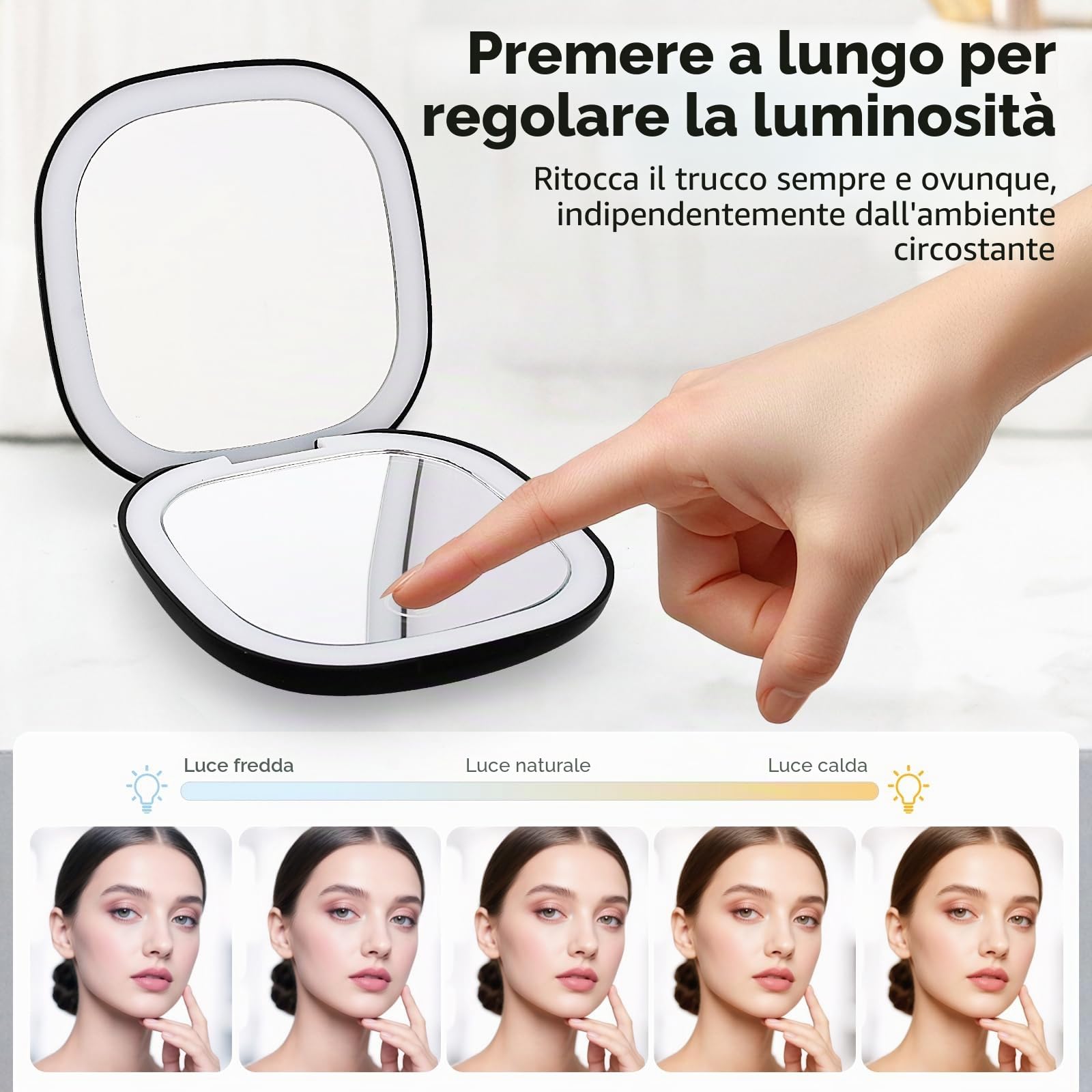 Specchio Portatile con Luce LED,Specchio Ingranditore 1X/10X,Regolabile Luminosità Mirror da Borsetta,per Trucco Precisa, Depilare Sopracciglia,Pinzare,Eliminare Punti Neri,Portatile,Nero