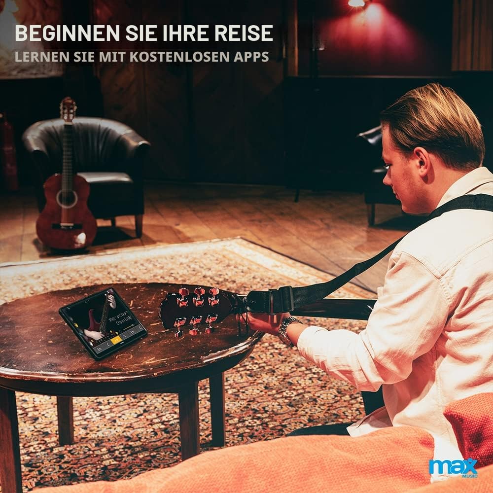 MAX SoloJam Westerngitarre, Akustik Gitarre Set, Acoustic Guitar, Akustikgitarre 4/4 mit Tasche, Plektrum, Stimmgerät, Schultergurt und Stahlsaiten, Anfängergitarre in Schwarz