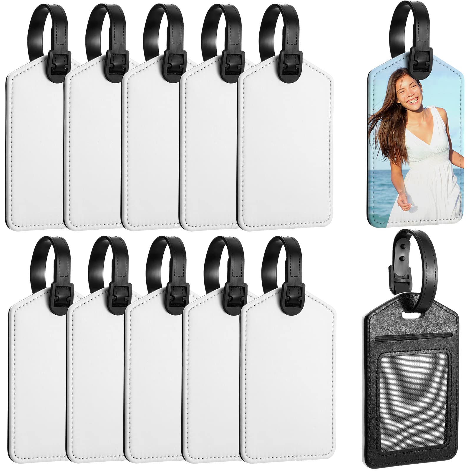 Hillban Sublimation Luggage Tags White Heat Transfer PU Leather Name Tag Blank Suitcase Label Travel Business ID Card Holder for DIY Travel Suitcase