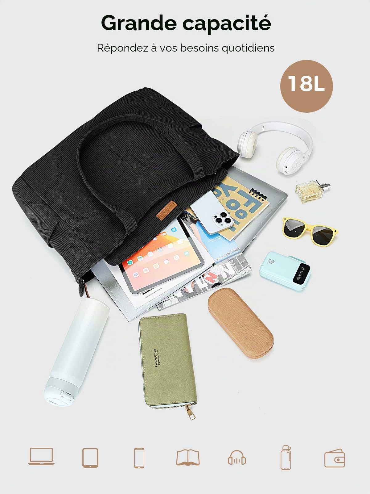 Lekesping Sac Fourre Tout Femme Grand en Velours Côtelé, Sac à Main Cabas Femme avec Fermeture Éclair, Sacs Bandoulière Ordinateur Portable 15,6 Pouces pour Plage Travail Cours Shopping Sport