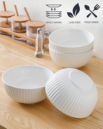 Miniatura 3 de Hasense Cuencos grandes de cerámica blanca de 7 pulgadas a 42 onzas para cocina, modernos platos de porcelana acanalada para entretenimiento, sopa,