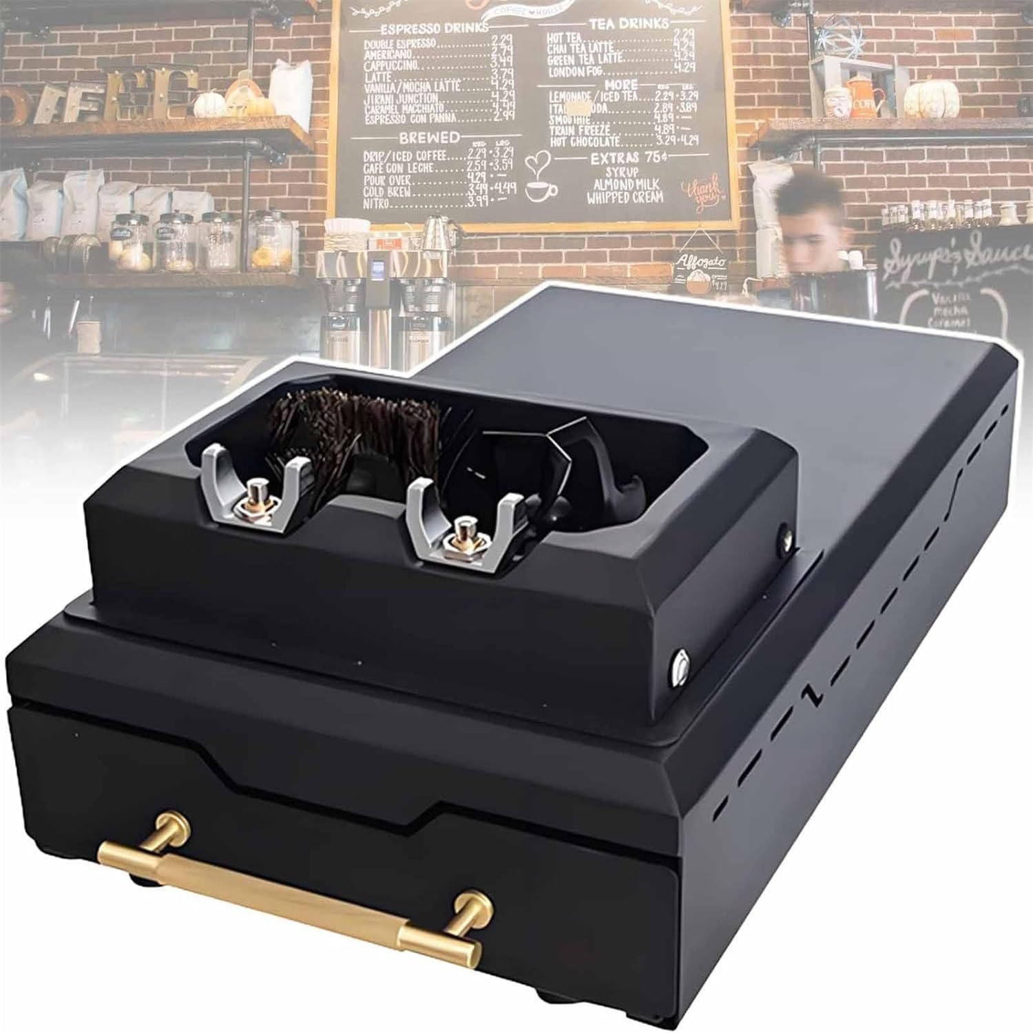 Limpiador automático de posos de café con raspadores y cepillo para un lavado rápido del portafiltro