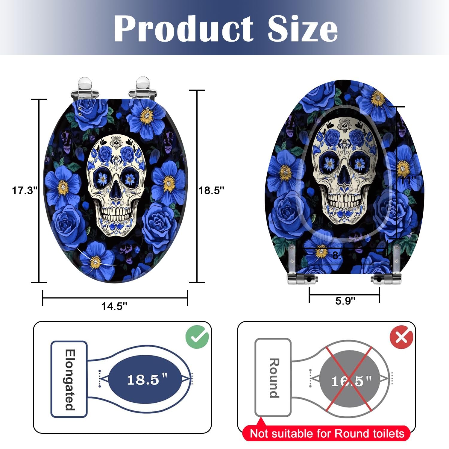 Copriwater Allungato Decorativo In Resina con Teschi Di Zucchero E Fiori Blu, Motivo Nero Senza Cuciture, Chiusura Lenta E Silenziosa, Cerniere A Sgancio Rapido, Facile Da Pulire E Installar