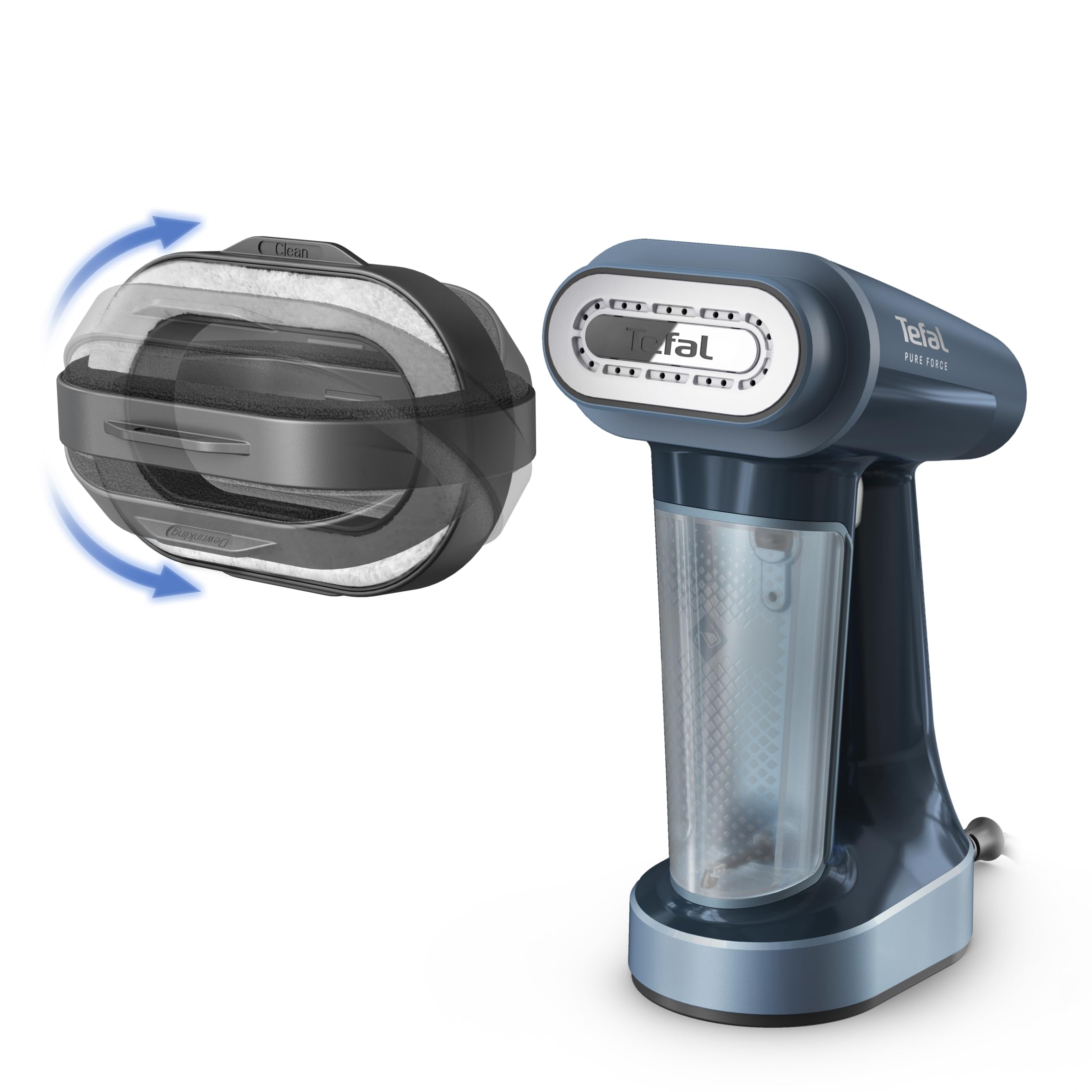 Tefal Pure Force DT8755E0 Défroisseur vapeur 3 en 1, semelle en céramique, débit de vapeur 35 g/min, effet pressing 90 g/min, 4 niveaux de vapeur, côté anti-peluches, réservoir d'eau amovible 180 ml