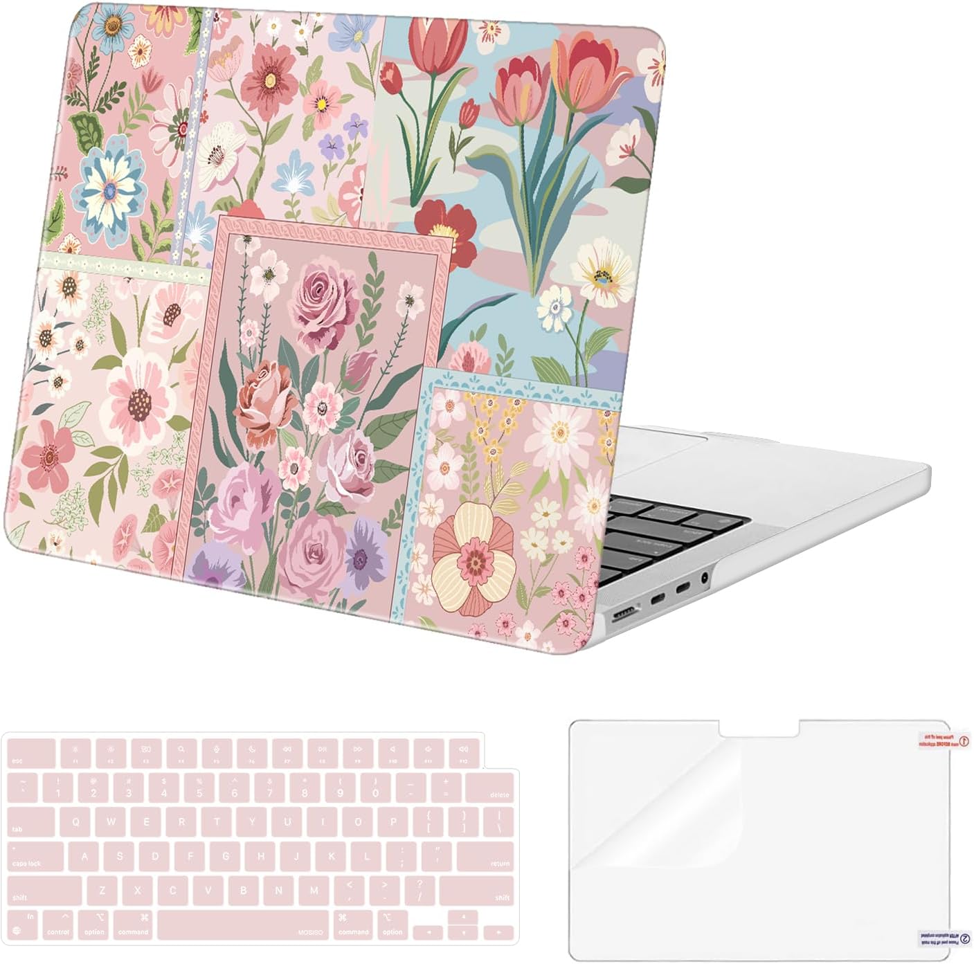 MOSISO Compatible with MacBook Pro 14 inch Case M5 2026 M4 M3 M2 M1 2025-2021 A3427 A3426 A3434 A3112 A3185 A3401 A2918 A2992 A2779 A2442, Spliced Flowers Hard Shell&Keyboard Cover&Screen Film, Pink