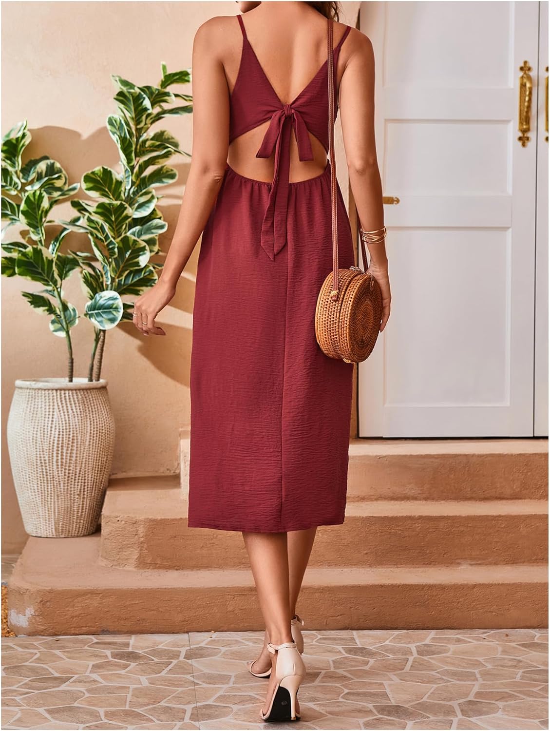 SweatyRocks Women's Tie Backless Split Midi Dresses Sleeveless V Neck Textured Summer Dress - Image 5