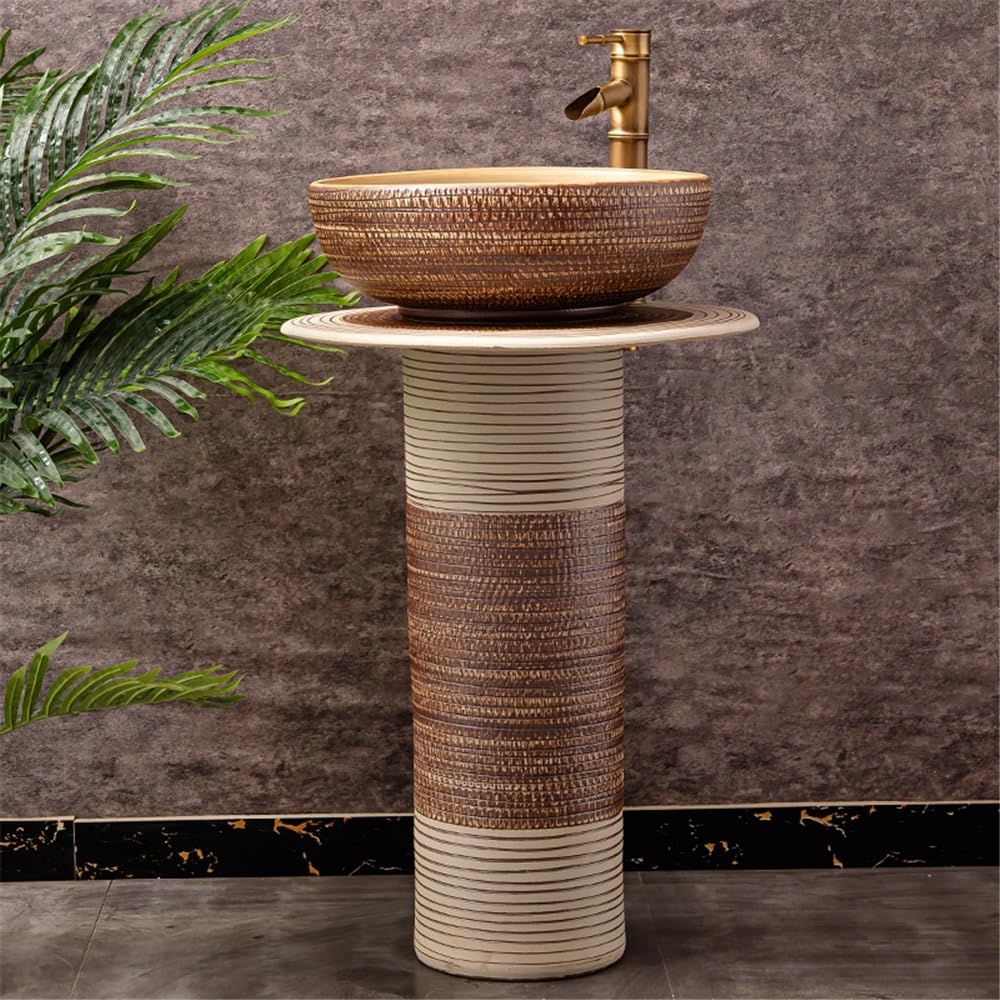 Lavello a colonna retrò con rubinetto e kit di scarico, lavabo in ceramica da pavimento per bagno e cortile, design indipendente, elegante aggiornamento della casa