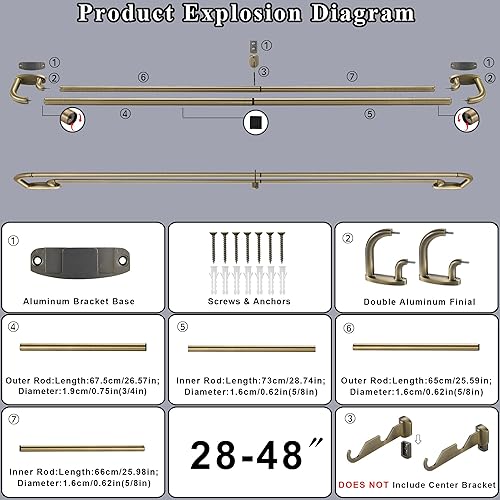 Miniatura 5 de Barras de Cortina Dobles de Bronce Antiguo, Barra de Cortina Opaca para 28-48 Pulgadas, Barra de Metal Ajustable de 34 Pulgadas al Frente y 58