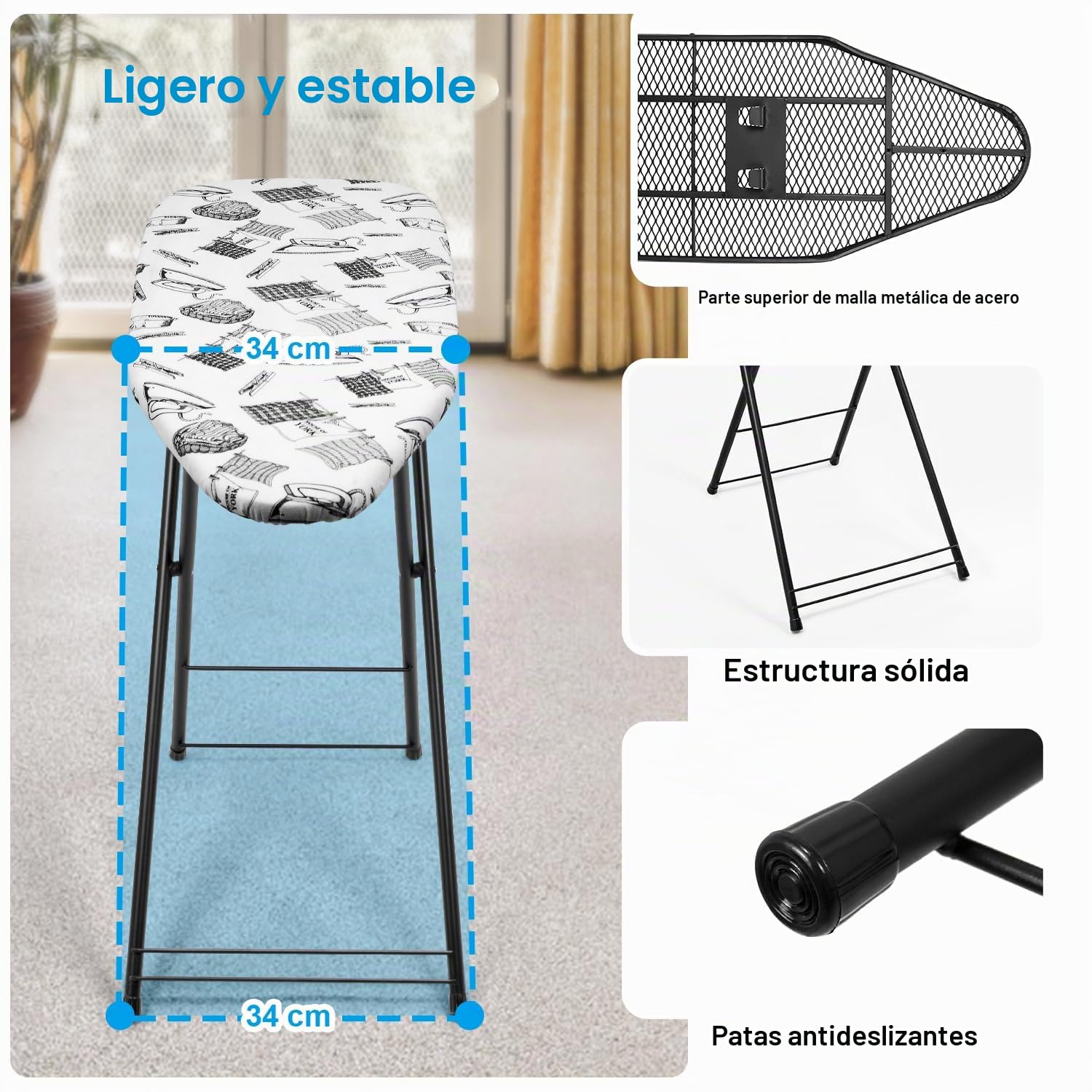 Duwee Tabla de Planchar de Altura Ajustable, Cubierta Resistente al Calor con Almohadilla de Fieltro Gruesa, compacta y fácil Almacenamiento,33 x 89 cm，Blanco