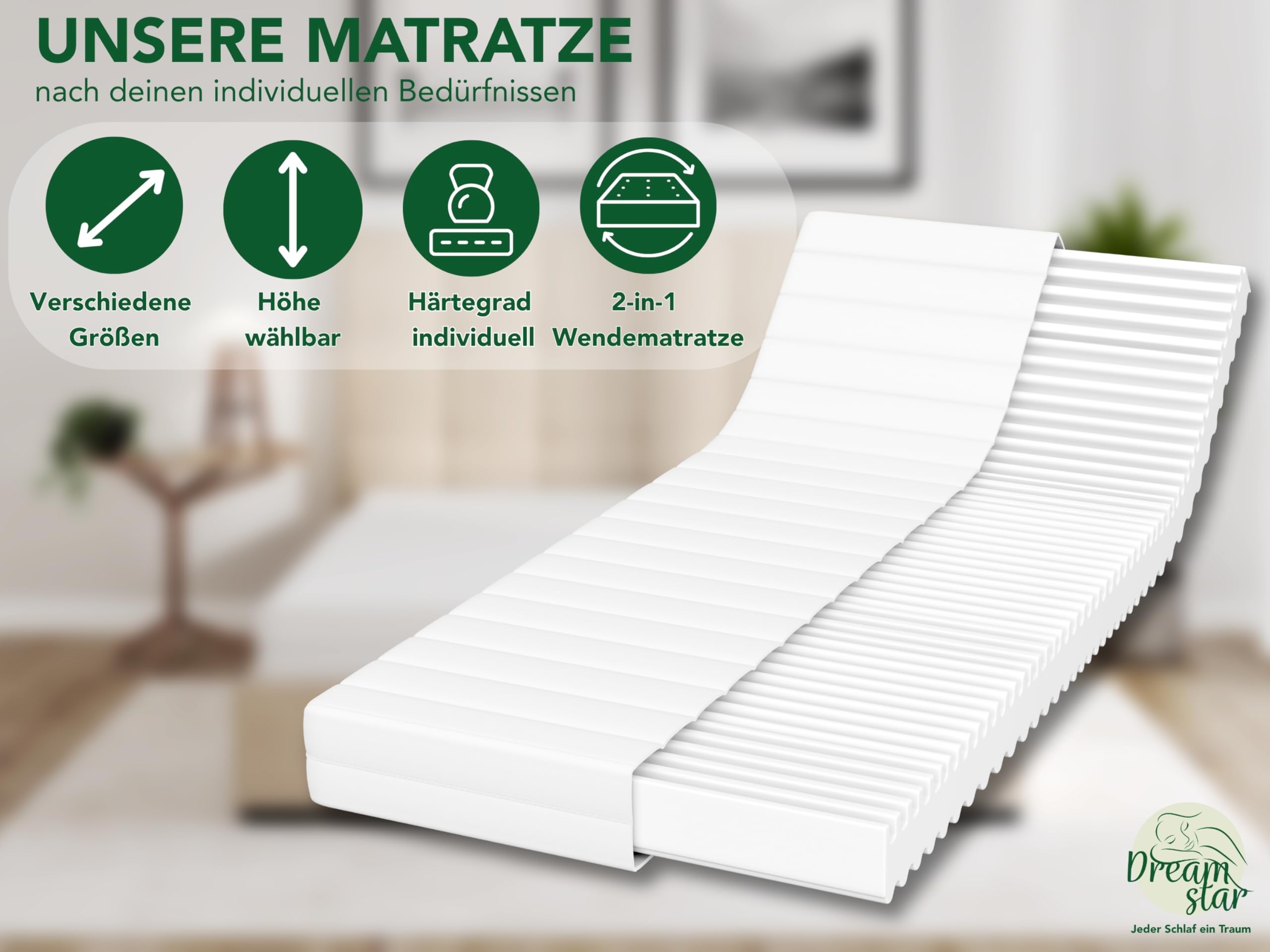 DREAMSTAR Simple Flex Duo 7-Zonen Matratze 90x200 cm | H2&H3 | Ergonomische Kaltschaummatratze | Hypoallergen & Antibakteriell | Bezug abnehmbar & waschbar | Öko-TEX® | (12cm, 90 x 200 cm)