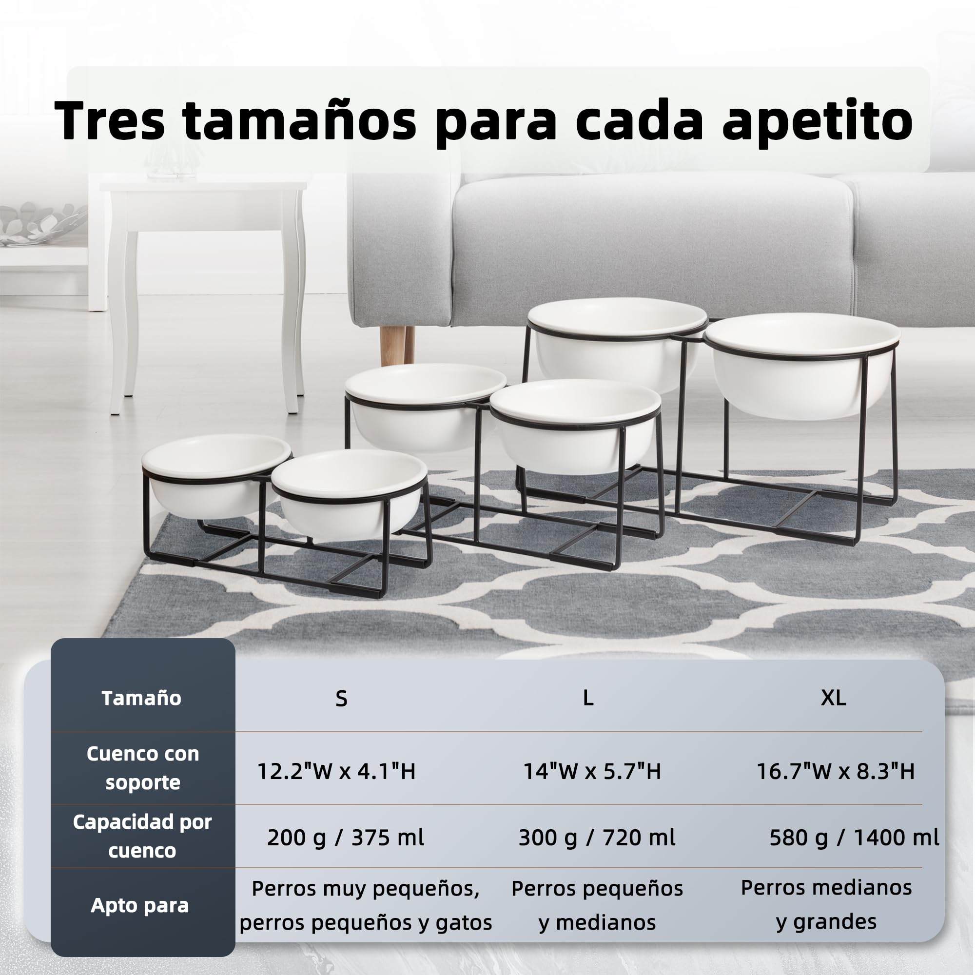 Comedero Perro Elevado de Cerámica - Juego de Cuenco Perro con Soporte de Metal Antideslizante - Comedero y Bebedero Perro - Platos para Perros - Bol Doble para Cachorros y Gatos - 2 x 375 ml - Blanca