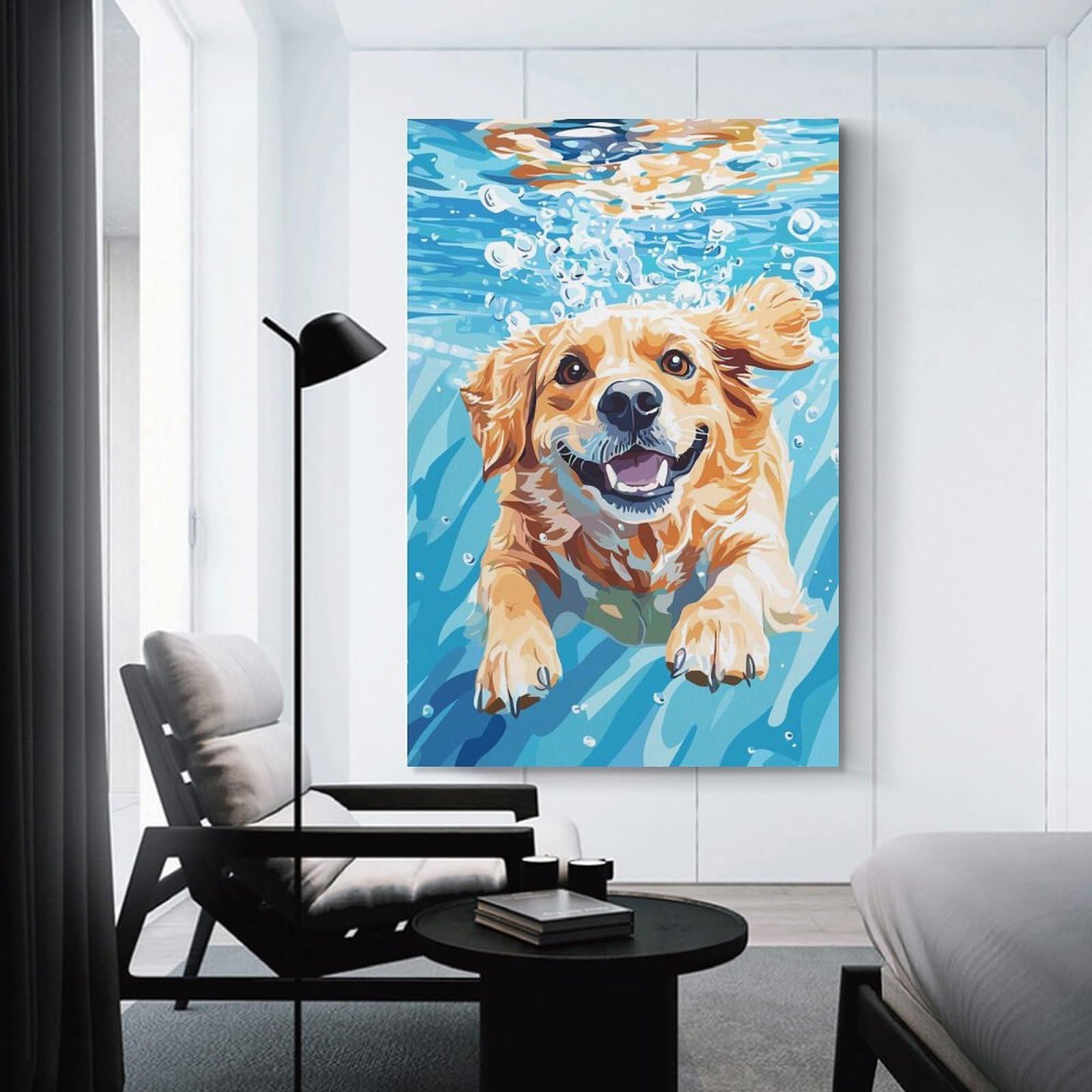 Junmoney Unframe-Style-8 Happy Dog Swimming Underwater Illustration Home Decor Wall Art, 24X36inch(60X90cm), For Apartment Walls, Studios Or Work Areas, Decorative Canvas Decor For Home Updates