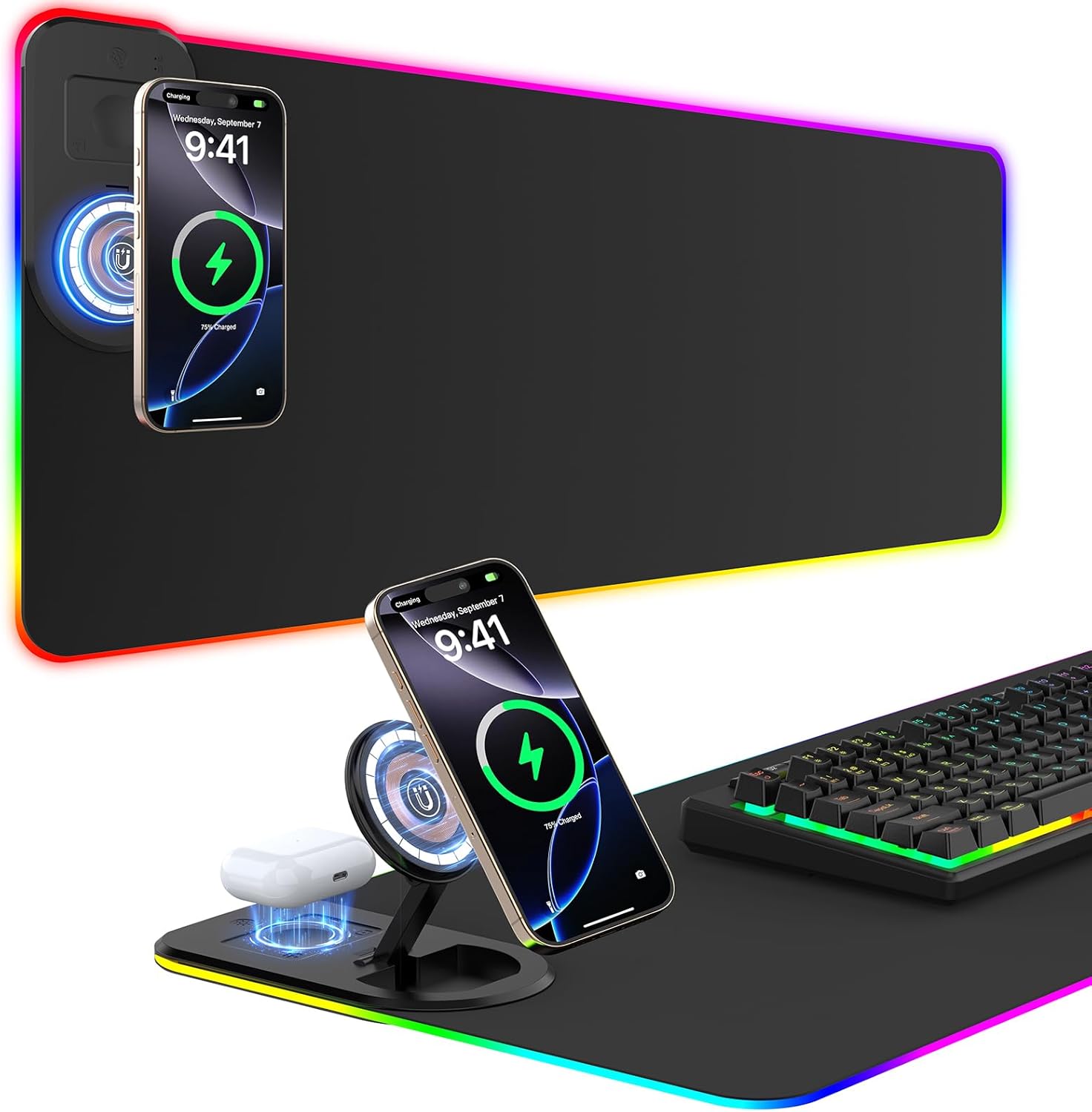 GIM Wireless Charging RGB Gaming Mouse Pad 15W, LED Mouse Mat 800x350x4MM, 10 Light Modes Extra Large Mousepad Non-Slip Rubber Base Computer Keyboard Mat for Gaming (Black-Folding Bracket)