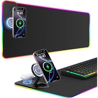 RGB Gaming Mouse Mat 15 W Qi Mouse Pad LED 800 x 350 x 4 mm 10 Lighting Modes with 10 W Quick Charge Qi Wireless Charging for I-Phone 13/13 Pro Mobile Phone Headphones Waterproof Non-Slip Black Stand
