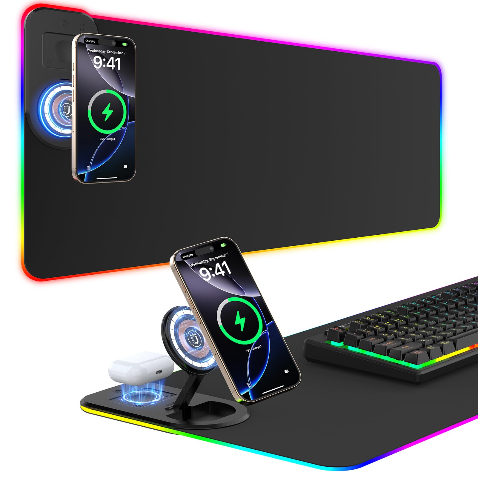 RGB Gaming Mauspad 15W Qi Mousepad LED 800x350x4mm 10 Beleuchtungsmodi mit 10W Schnellladung Qi Kabelloses Laden für I-Phone 13/13 Pro Handy, Kopfhörer, Wasserdicht, rutschfest (Schwarz-Ständer)