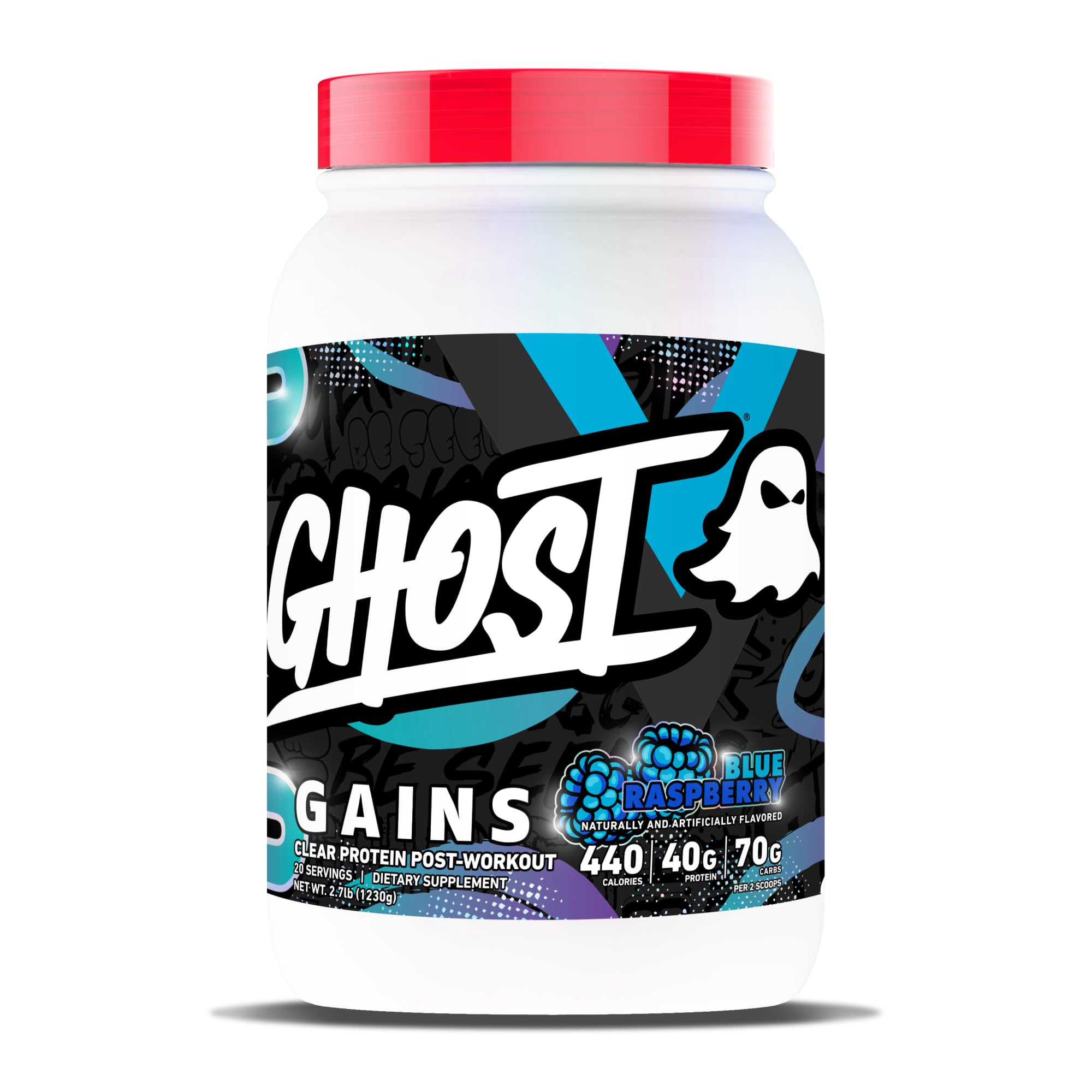 GHOST Clear Gains Mass Gainer Protein Powder - 40G Whey Protein Isolate | Post-Workout Weight Gainer Mix, 440 Calories, 70g Vitargo Carbs - Lean Muscle Building - Blue Raspberry, 20 Servings