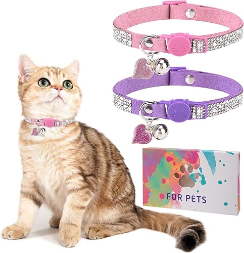 Miniatura 1 de Collar de gato con diamantes de imitación con campana, collar de diamante para gato con hebilla de seguridad, liberación rápida para niñas y niños,