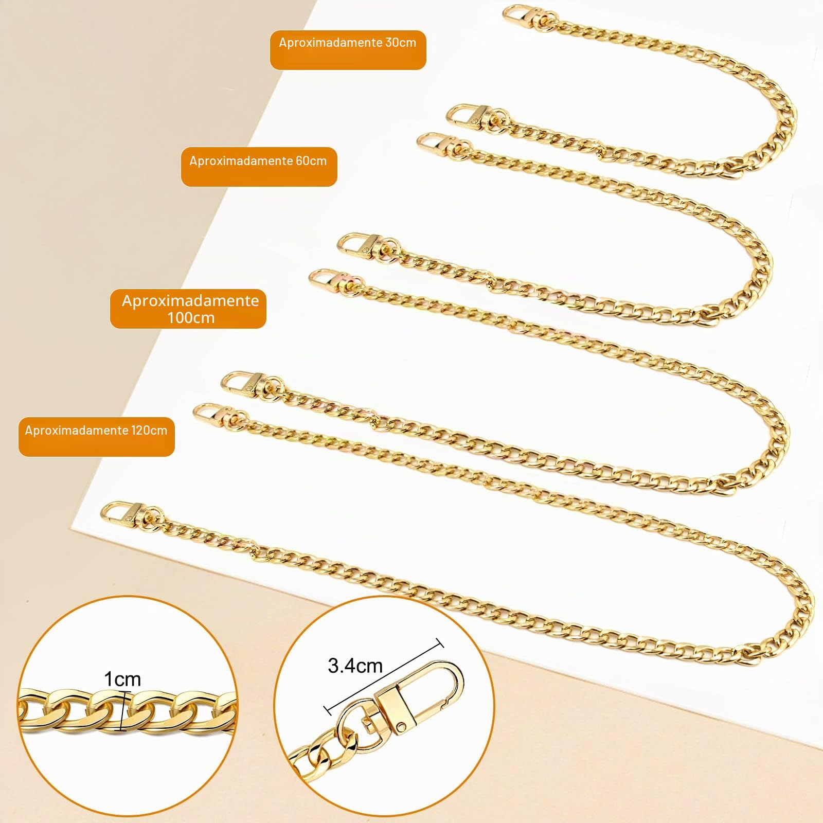 4 Piezas Cadena para Bolso Set, Cadenas de Metal Correas de Hombro en Oro, Bolsa de Hombro de Cadena de Repuesto (40cm, 60cm, 100cm, 120cm) Correa de Cadena de Repuesto para Bolsos de Mano y Hombro
