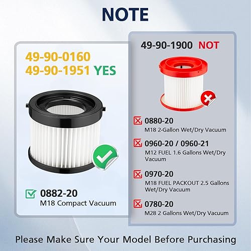 Miniatura 3 de Cabiclean Filtro seco HEPA de repuesto compatible con Milwaukee 49-90-0160, 49-90-1951, apto para aspiradora compacta 0882-20 M18, paquete de 2