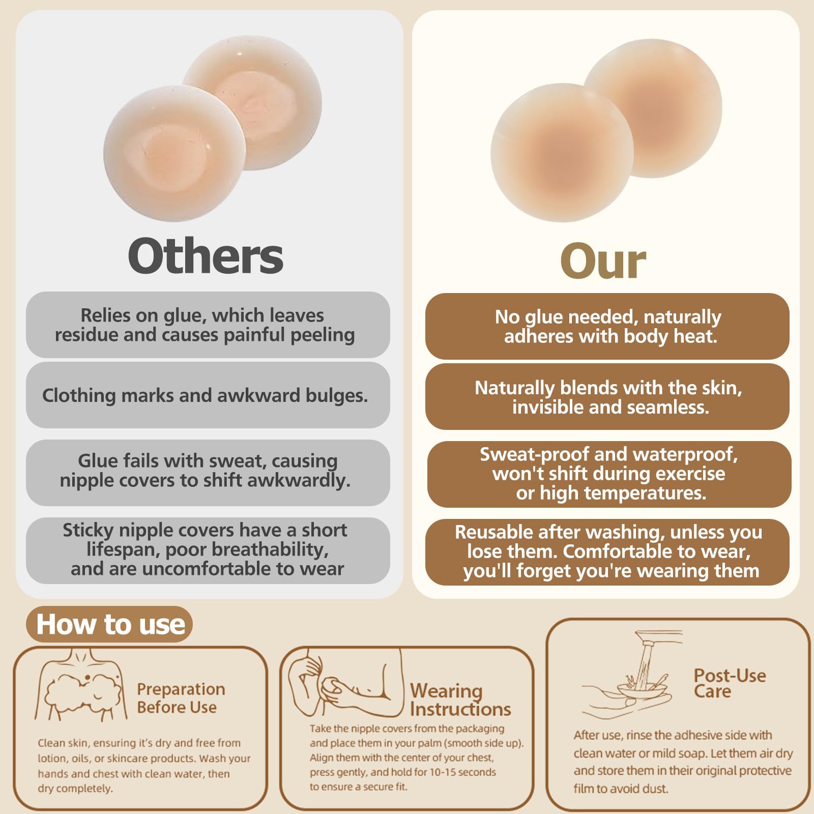 Fundas para pezones de silicona de grado médico no pegajosas, cuerpo de ajuste natural, reutilizables, sin costuras, con caja de viaje
