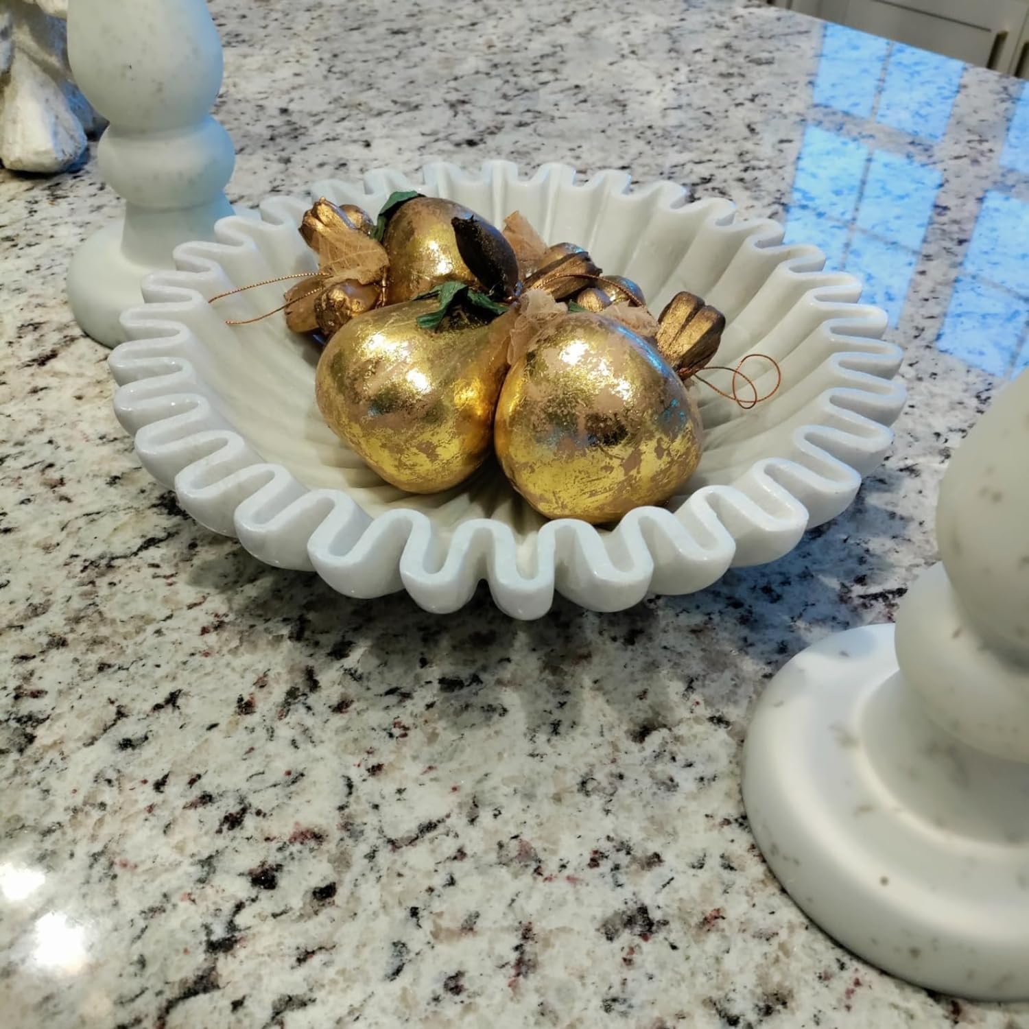 HandCrafted Marble Bowl/Antique Scallop dish/Fruit bowl/Vintage Ring Dish/marble decor Decorative Ruffle Flower scalloped Bowls/HouseWarming Wedding Gift/Urli (8 inches)