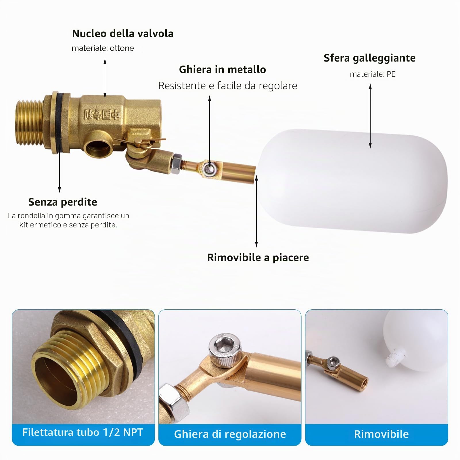 2Pcs 1/2 Pollice Ottone Galleggiante Valvola Galleggiante Acqua con Braccio Regolabile, Bestiame Acqua Serbatoio Galleggiante Valvola per Stagni Piscina Acquari