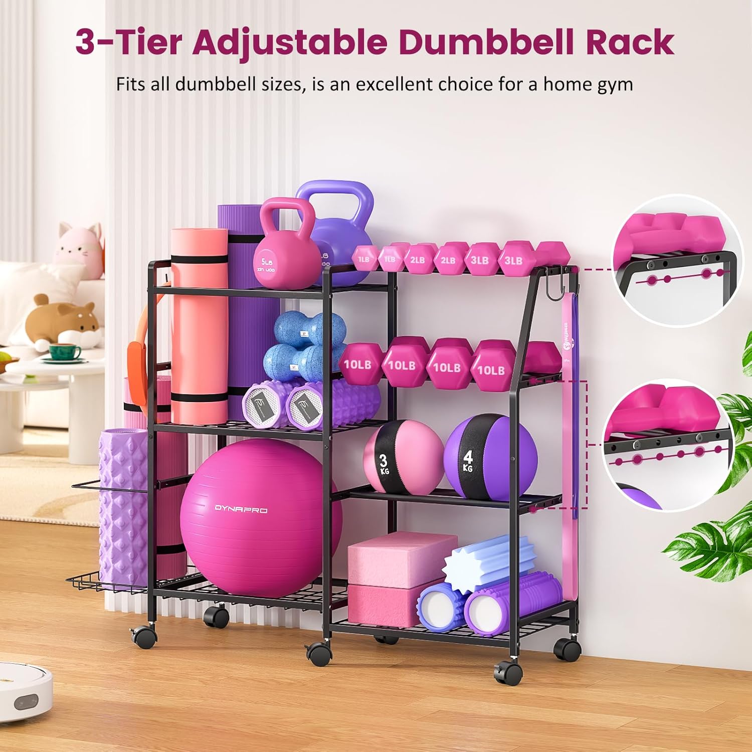 Dumbbell Rack, Weight Rack for Home Gym, Yoga Mat Storage Rack, Exercise Equipment Storage with Wheels and Hooks, Home Gym Equipment Organizer for Kettlebells