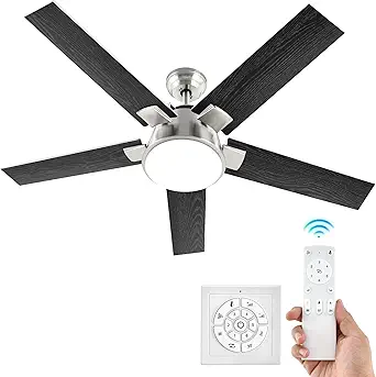 DWVO Ceiling Fan with Light and Wall Switch Remote, Quiet Reversible Motor, Dimmable LED Color, Memory Function for Bedroom Living Room Patio Indoor Outdoor, 52 Inch Modern Silver & Black Fan,