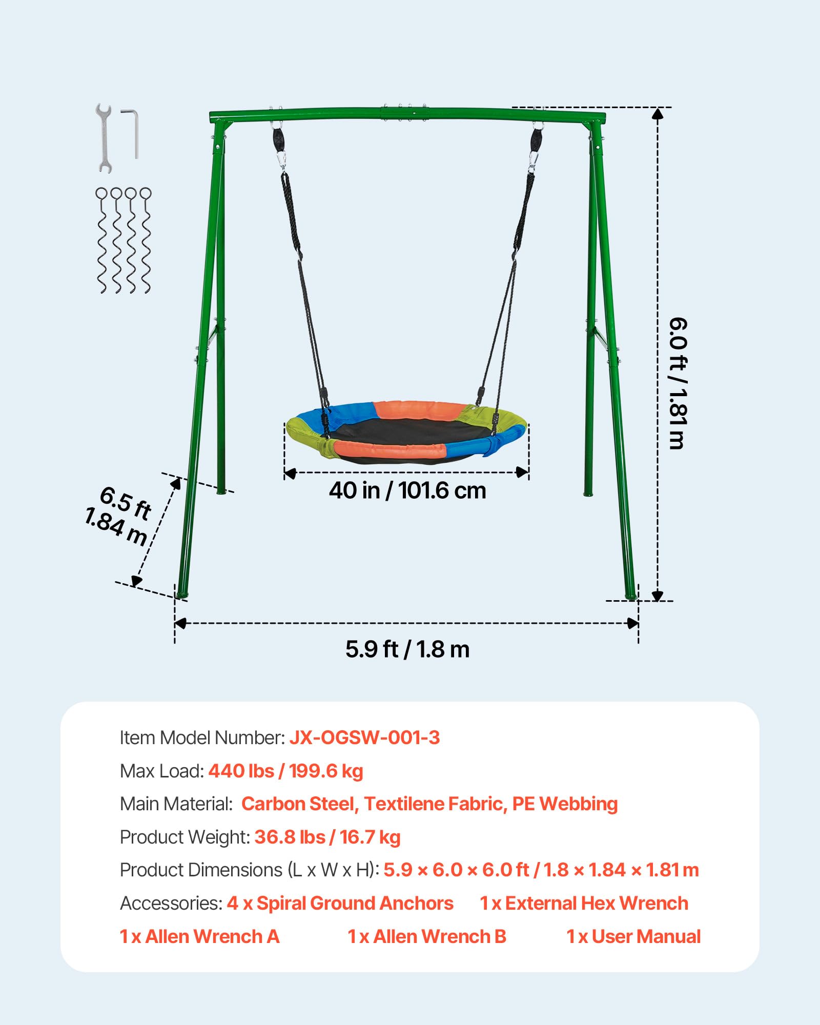 VEVOR Juego de Columpio Infantil Exterior, 184 x 180 x 181 cm, Juego de Columpio de Jardín para Niños, Capacidad de Carga 199,6 kg, con Asiento Nido Estacas, Marco de Acero, para Terraza Patio, Verde