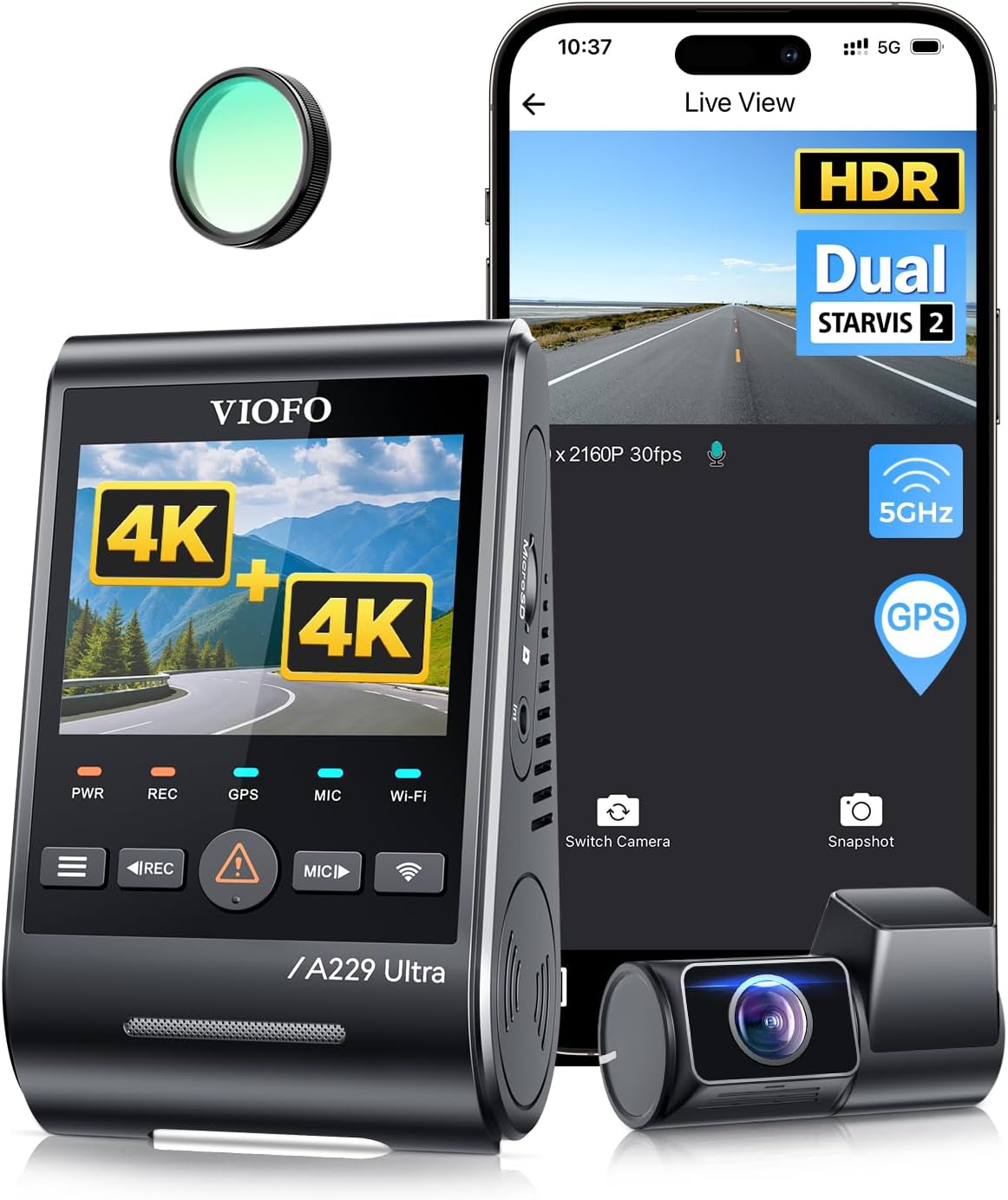 VIOFO A229 Ultra 2CH Dual 4K Dash Cam Front and Rear, Dual STARVIS 2 IMX678 Sensors & 2-Channel 4K HDR, Faster 5GHz Wi-Fi & Precise GPS, Voice Control, Super Night Vision 2.0, Supports up to 512 GB