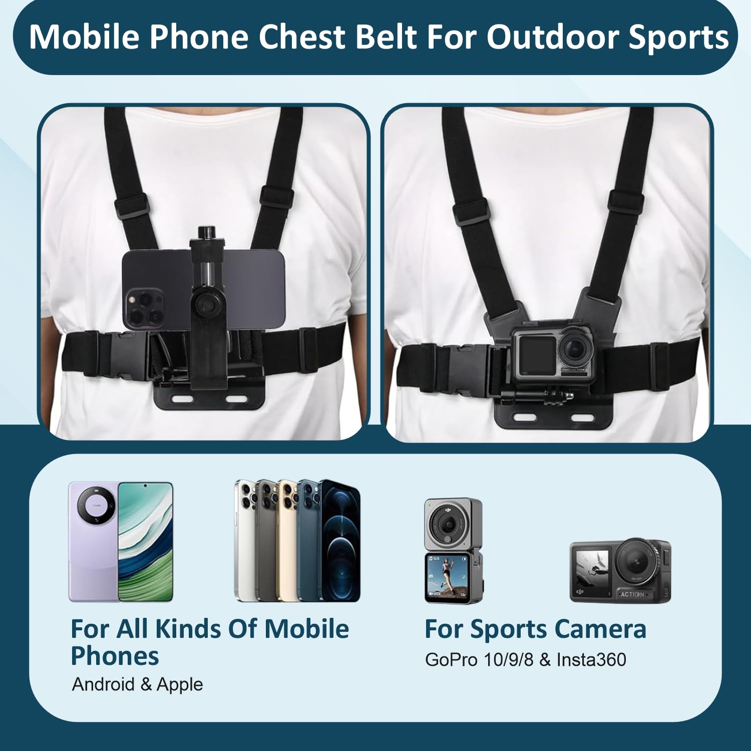 TECHONTO® Adjustable Chest Strap Mount with Mobile Holder Clip & Screw Compatible with All Smartphones Body Belt Harness for GoPro Hero, SJCAM, Yi & Other Action Cameras Hands-Free Mount – Black 1