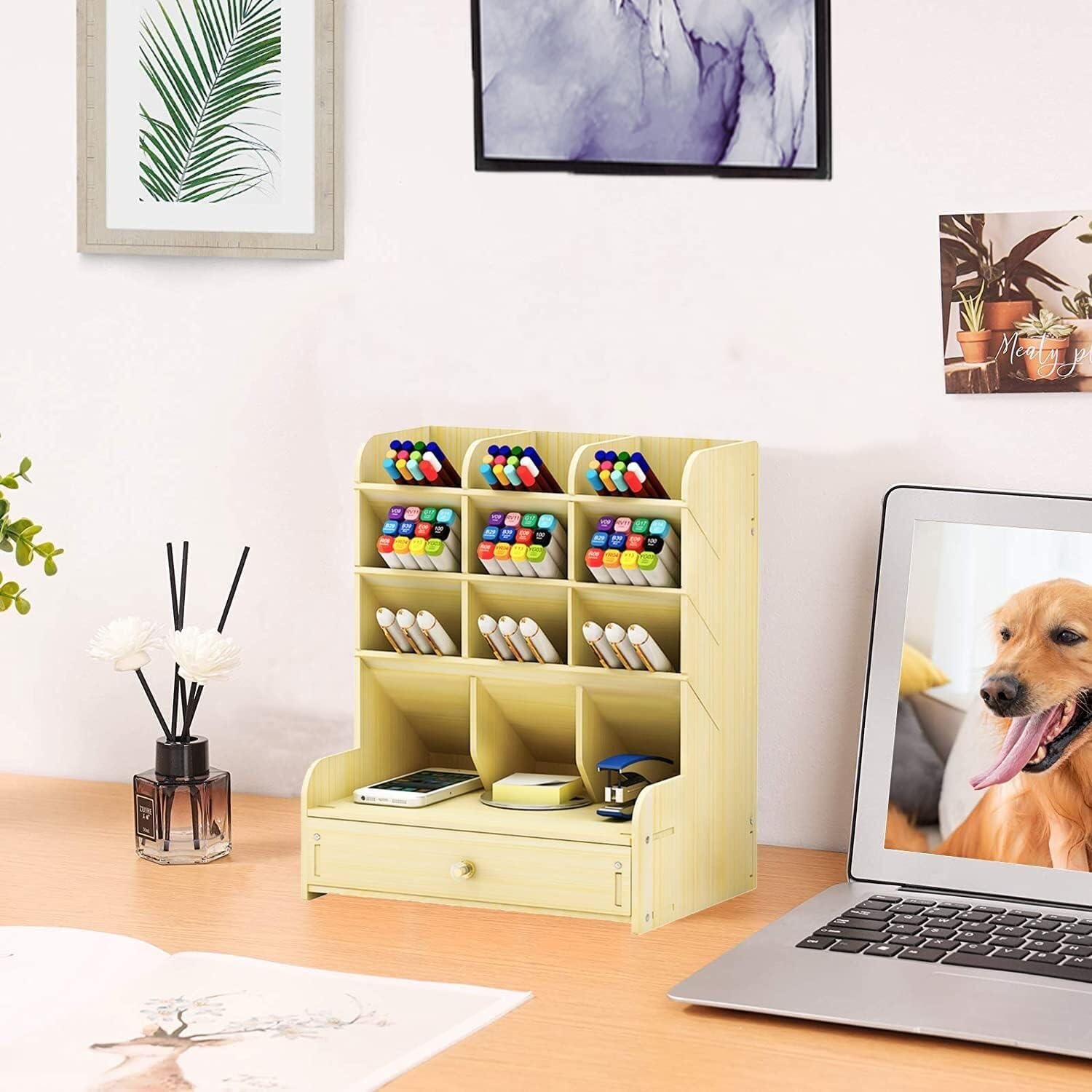 Organizzatore Scrivania Organizer da Scrivania in Legno con Cassetto Portapenne Multifunzionale Fai-da-Te per Ufficio(Natural,21 * 15 * 25.5cm)