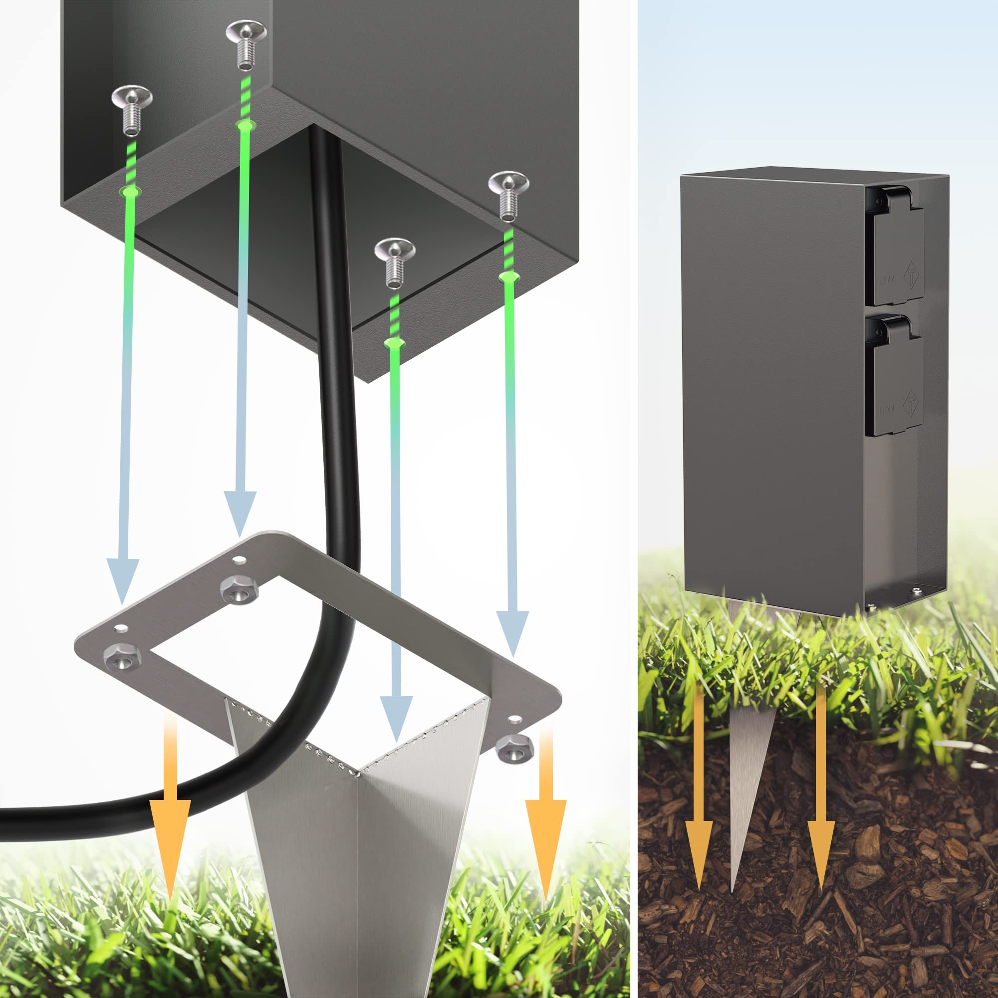 ledscom.de 3x Garten-Steckdosen-Säule POMI mit Erdspieß für außen, IP44, 4-fach, anthrazit, eckig, 23cm