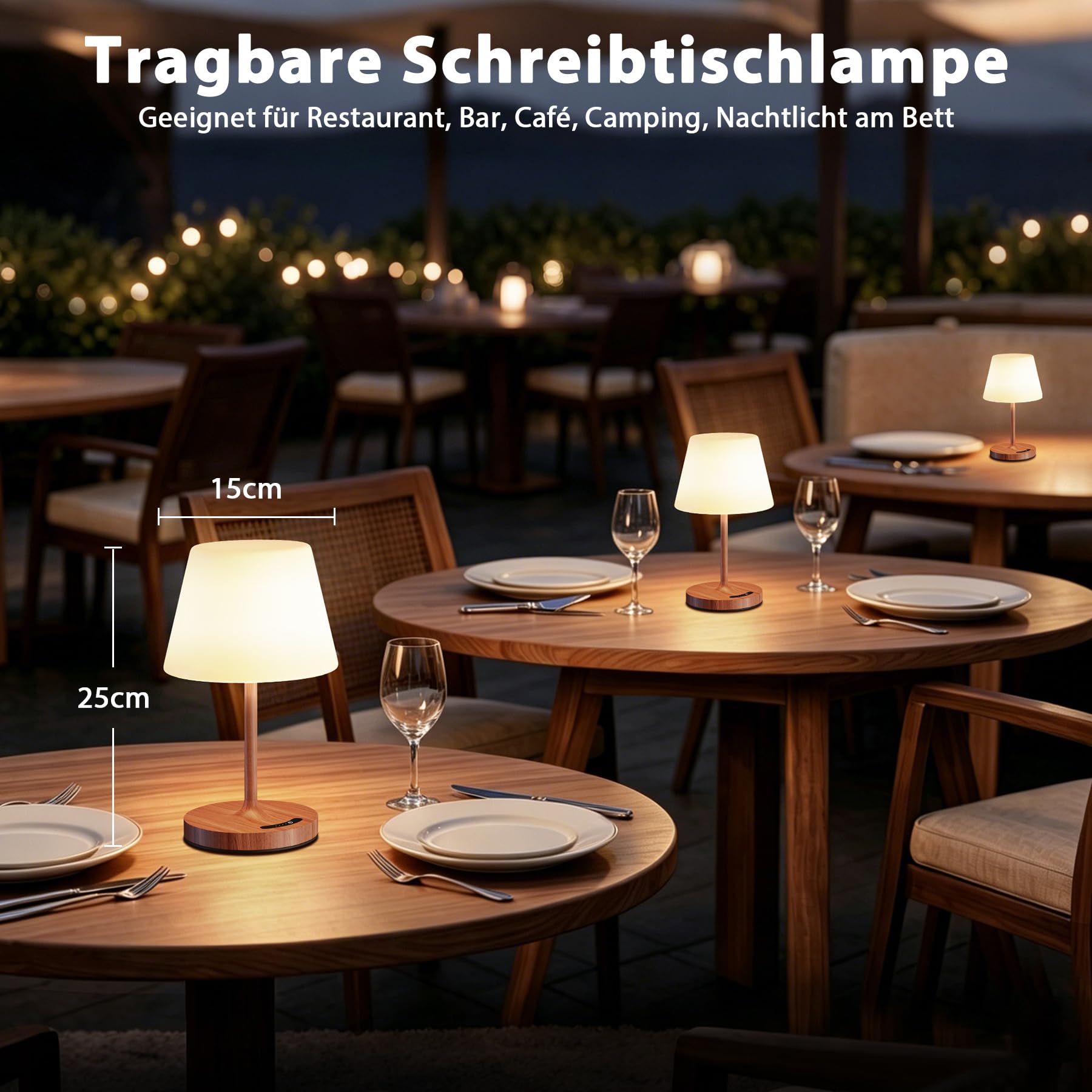 2 Stück Tischlampe Kabellos, 3 Farbtemperatur Nachttischlampe Touch Dimmbar mit Ladefunktion, IP54 Wasserdicht Tischleuchte Kabellos Memory Funktion für Schlafzimmer Esstisch Nachttisch (Holzmaserung)