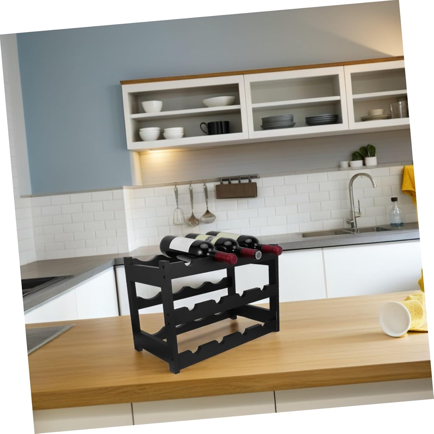 Freestanding Black Wine Rack Holder Space-Saving Liquor Bottle Organizer for Kitchen Bars with Open Design and Stable Structure