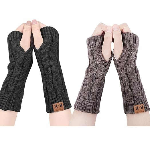 Winter Fingerless Gloves - Women Knit Arm Warmers Thumb Hole Gloves Half Knitted Warm Weave Gloves - Black+DarkGray