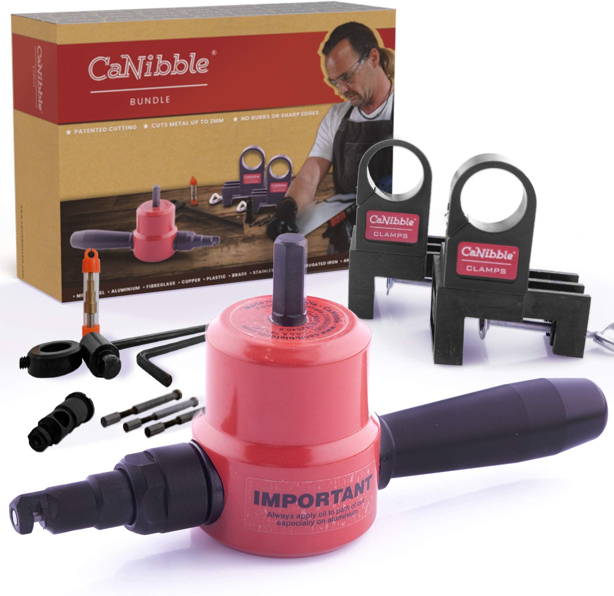 CaNibble Bundle - Nibbler, 2 Bench Mounting Clamps, 3 Punches, 1 Die & Free Circle Cutting Attachment. Australian Made