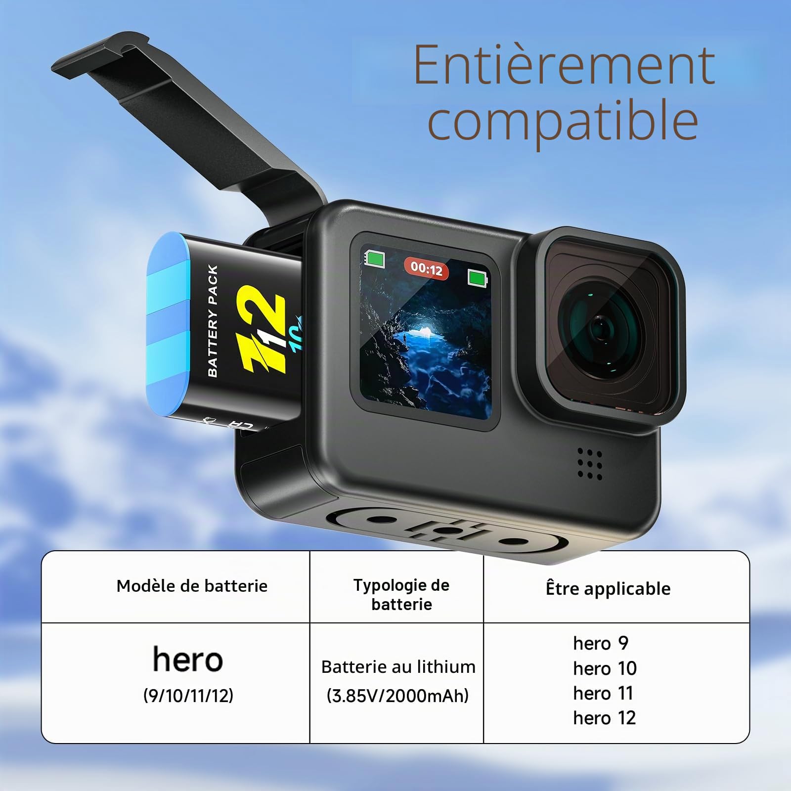 Lot de 3 Batteries Hero 12 avec Chargeur pour Go-Pro Hero 12/11/10/9 Black, Chargeur de Batterie 3 canaux avec écran LCD, Fente pour Carte TF, Convient à Basse température, Chargeur
