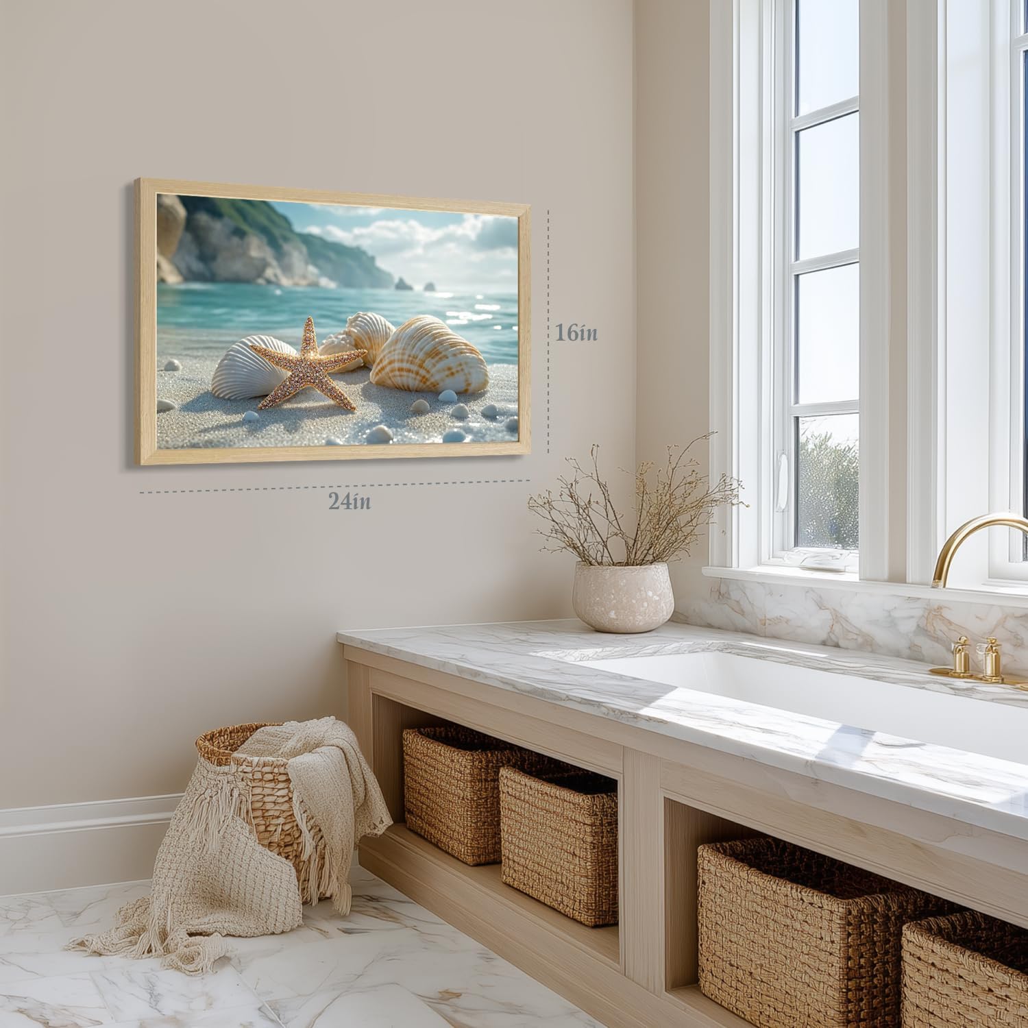 Clicyre Coastal Wall Art for Bathroom, Blue Ocean Beach Canvas Prints, Seaside Starfish & Seashell Decor, Nautical Sand Seascape Pictures for Bedroom Living Room Home Decoration Wood Framed 16x24 Inch