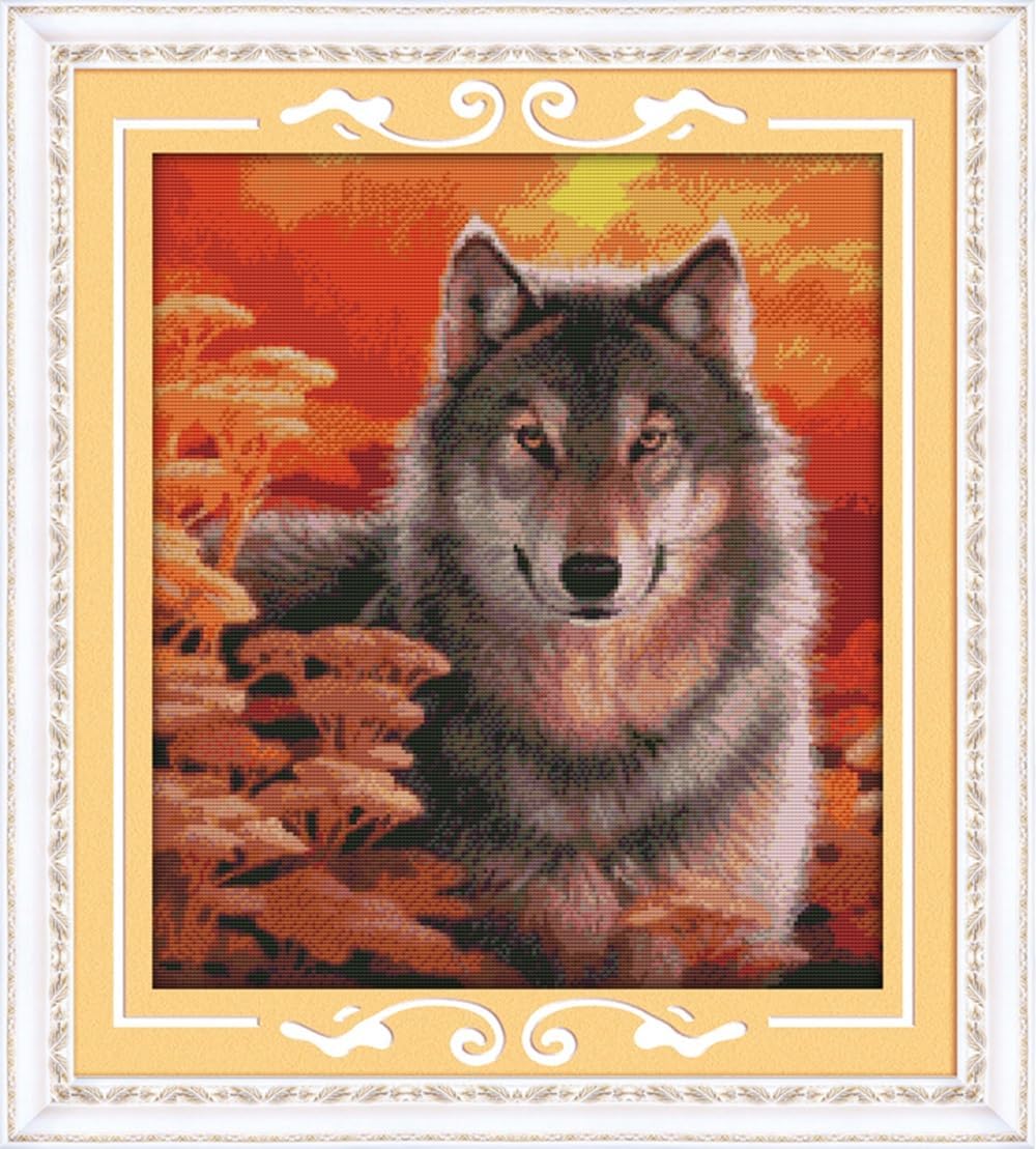 Rosyfoxes Cross Stitch Kits Stamped Full Range of Embroidery Starter Kits for Beginners DIY- Printed kit Autumn Wolf (Printed) 14CT17.3x19.3 inches