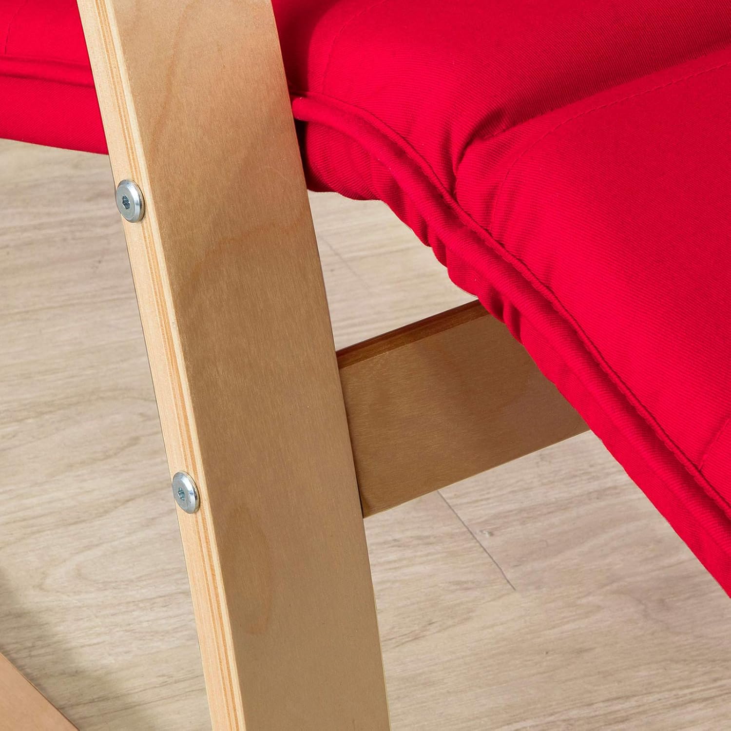 Close-up of the wooden frame connection point with a screw, showing the sturdy construction of the SoBuy FST16-R rocking chair.