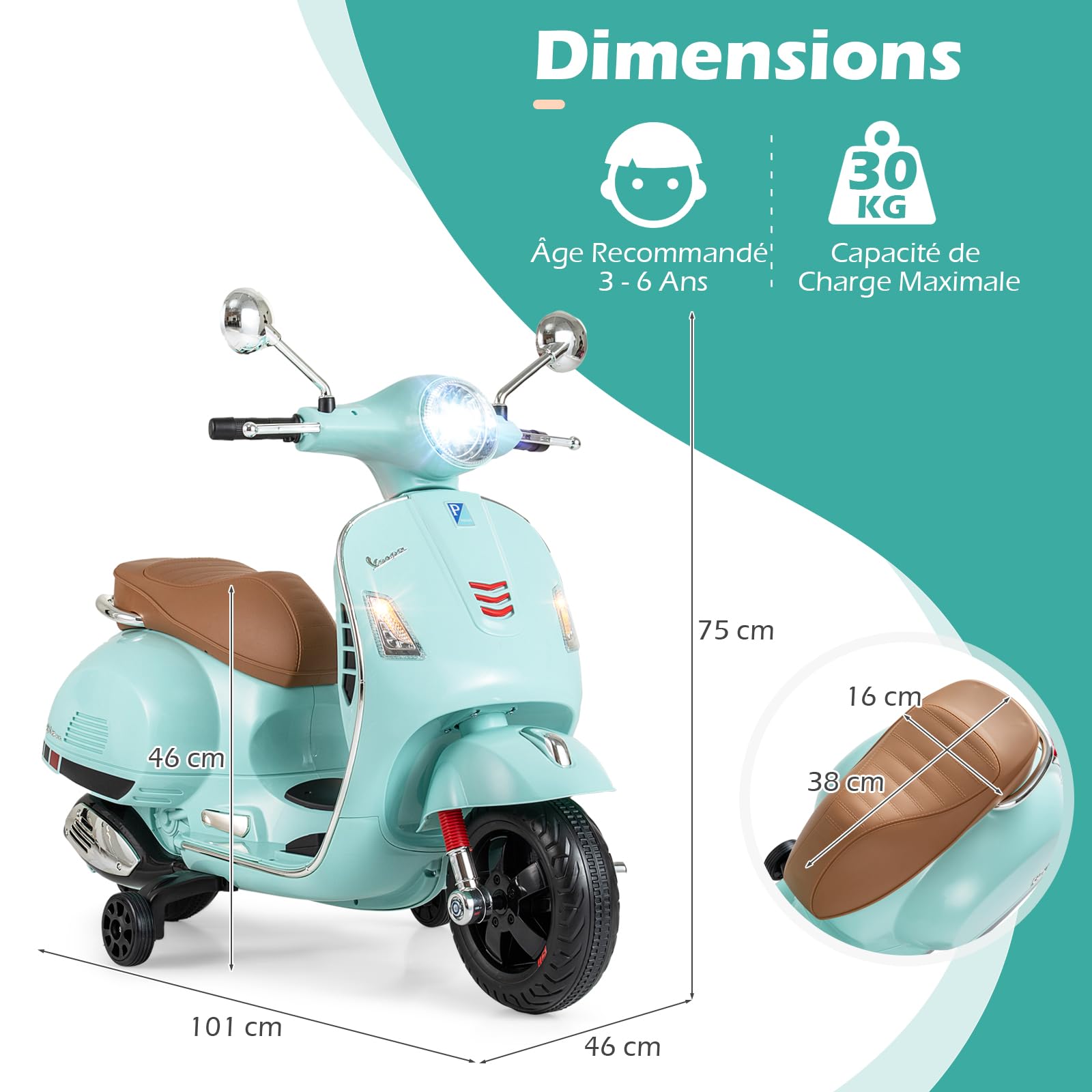 COSTWAY 12V Vespa Moto Électrique Enfant avec Musique Klaxon Histoires Phares LED, Voiture Électrique Enfant avec Roues d'Entraînement Amovibles et Pédale, 2-3 km/h, Charge 30 kg, 3-6 Ans (Vert)