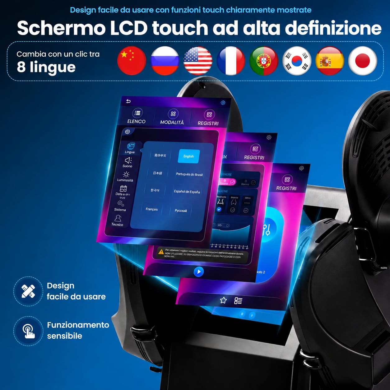 Macchina per Modellamento Corpo con Tecnologia EMT – Riduzione del Grassi, Costruzione Muscolare e Rassodamento della Pelle, Schermo Tattile Multilingue, 4 Testine Interchangeabili (Nero)