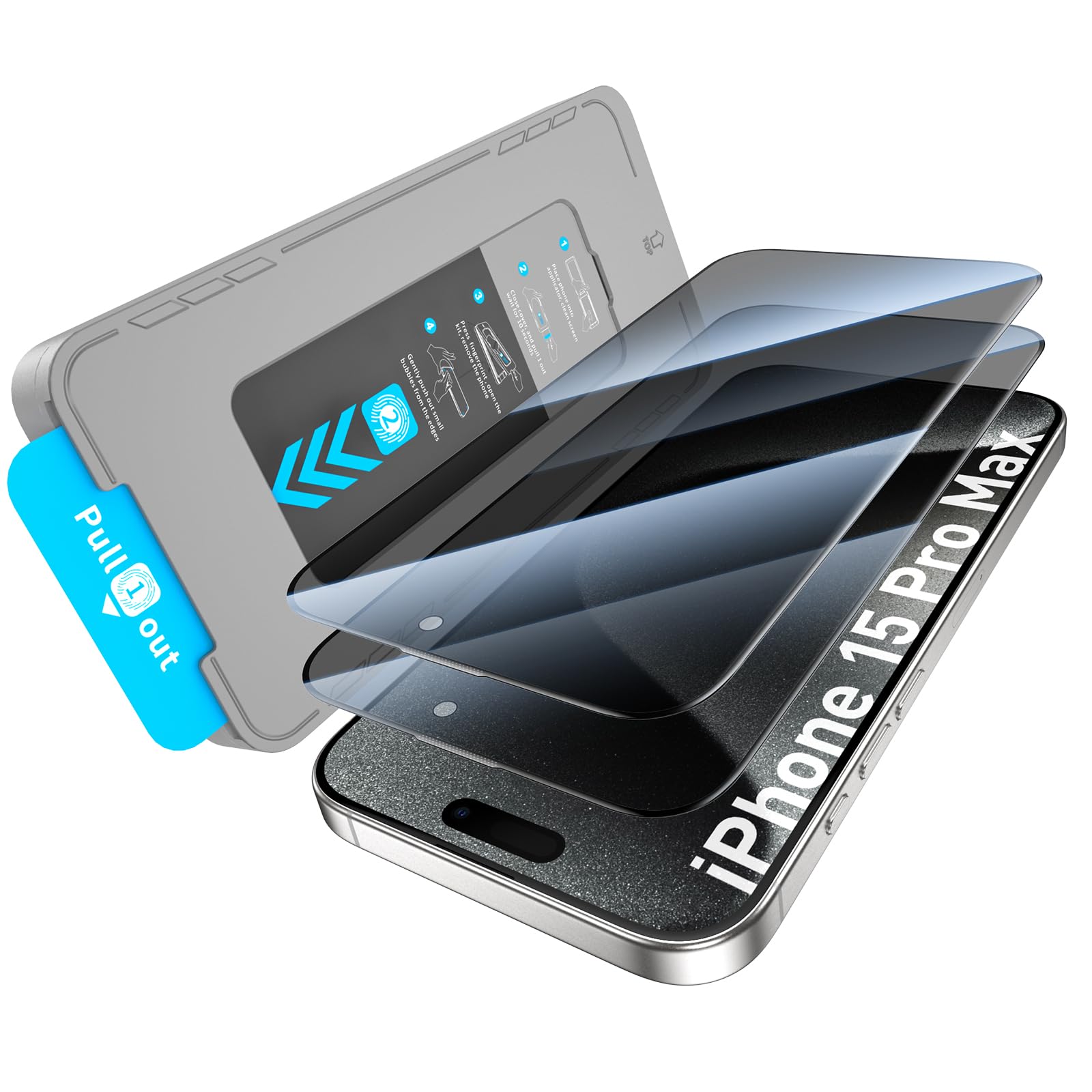 KUZOOM 2 Pack Privacy Screen Protector for iPhone 15 Pro Max, 9H+ Tempered Glass Anti Spy Private Film, Easy Installation, Auto Alignment Dust Removal
