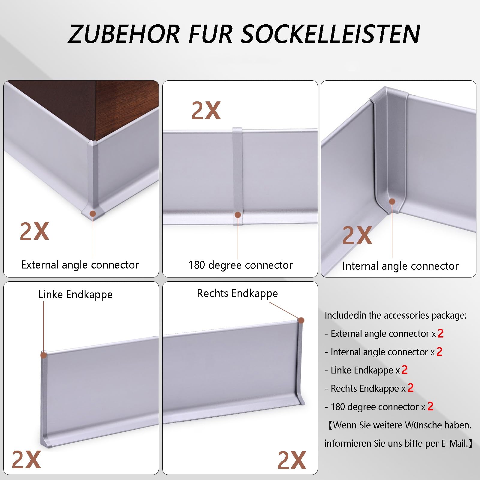 Kit De 4 Rodapiés De Aluminio Anodizado De 125cm Perfiles Resistentes Al Agua Y A La Humedad Para Decoración Moderna De Interiores Y Renovación Del Hogar(Champagnergrau,Höhe: 10 cm)