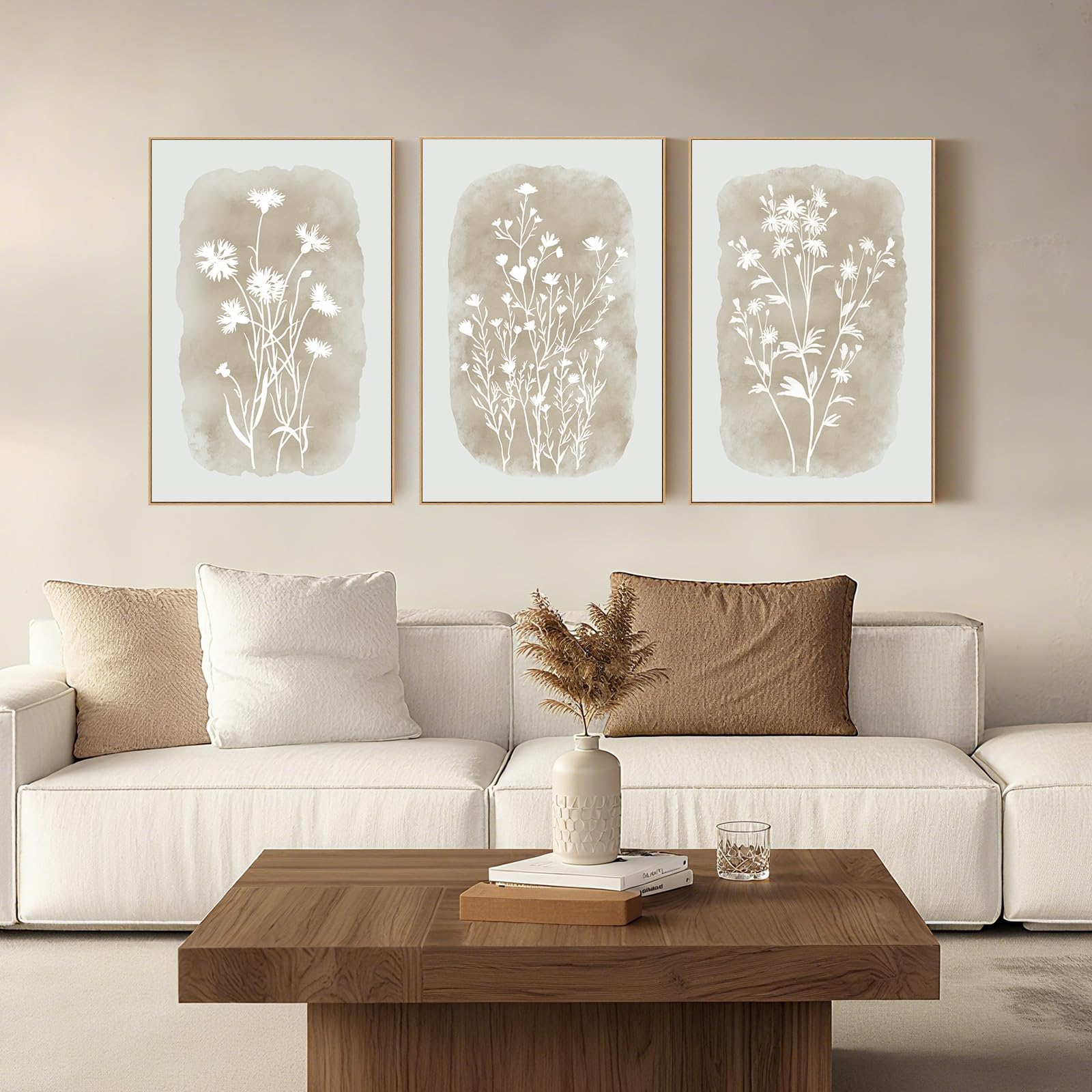 neutral wildflower framed wall art boho botanical vintage minimalist floral canvas farmhouse wall decor beige prints for living room bedroom office, 3 panels, 16x24 inch
